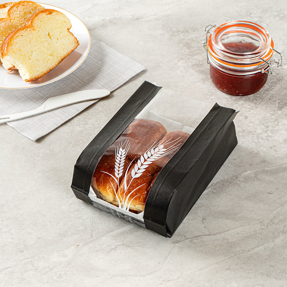 Bag Tek Black Paper Bread Bag - Micro-Perforated, Greaseproof, Wheat Pattern - 4 3/4" x 2 3/4" x 8 1/2" - 100 count box