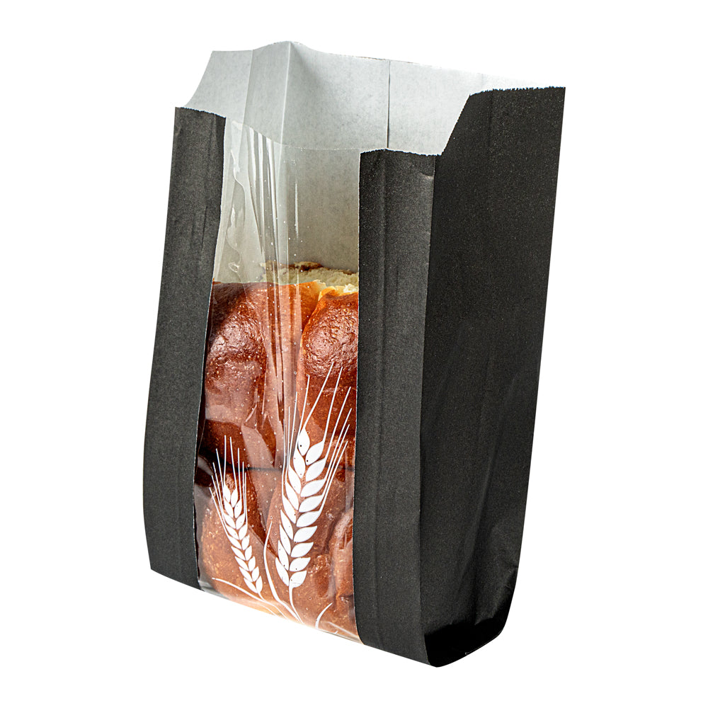 Bag Tek Black Paper Bread Bag - Micro-Perforated, Greaseproof, Wheat Pattern - 4 3/4" x 2 3/4" x 8 1/2" - 100 count box