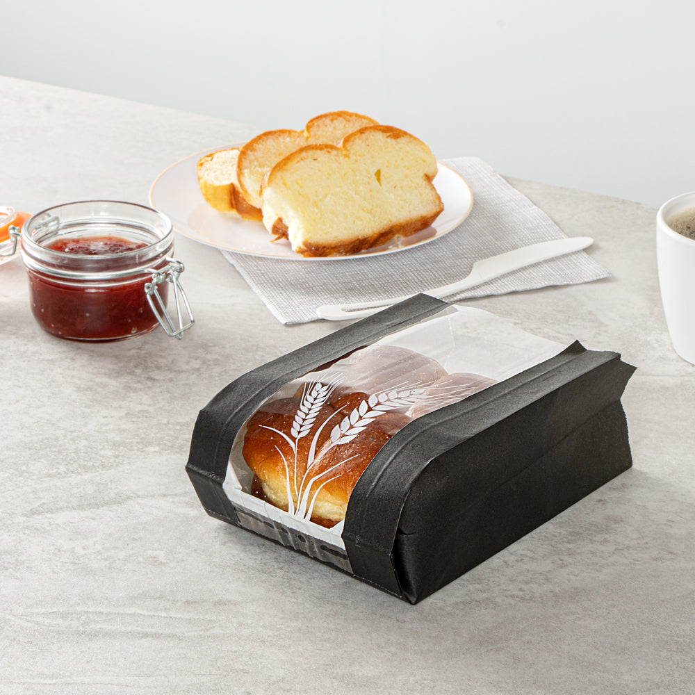 Bag Tek Black Paper Bread Bag - Micro-Perforated, Greaseproof, Wheat Pattern - 4 3/4" x 2 3/4" x 8 1/2" - 100 count box