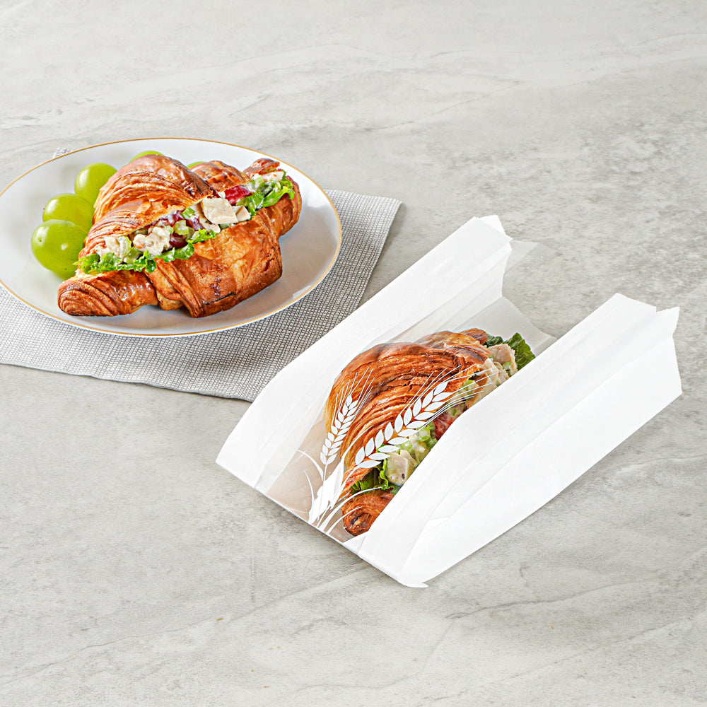 Bag Tek White Paper Bread Bag - Micro-Perforated, Greaseproof, Wheat Pattern - 4 3/4" x 2 3/4" x 8 1/2" - 100 count box