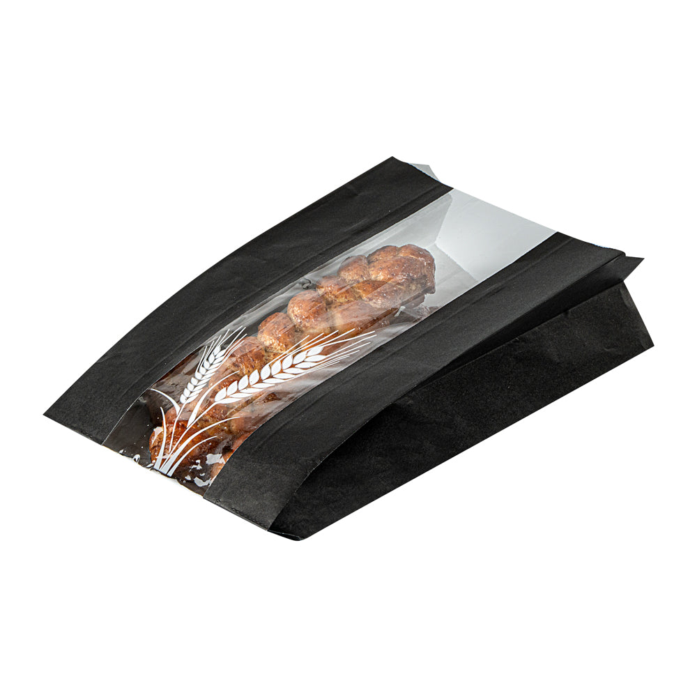 Bag Tek Black Paper Bread Bag - Micro-Perforated, Greaseproof, Wheat Pattern - 6" x 2 3/4" x 10" - 100 count box