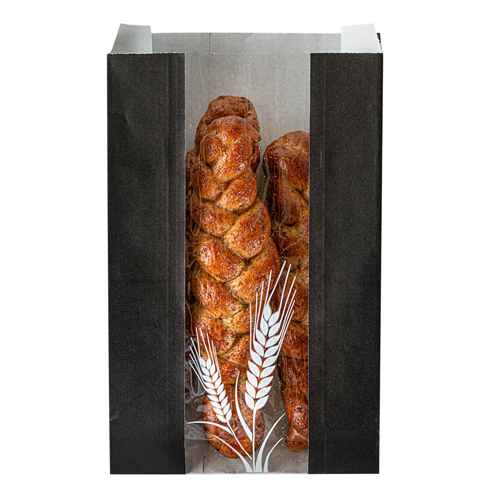 Bag Tek Black Paper Bread Bag - Micro-Perforated, Greaseproof, Wheat Pattern - 6" x 2 3/4" x 10" - 100 count box