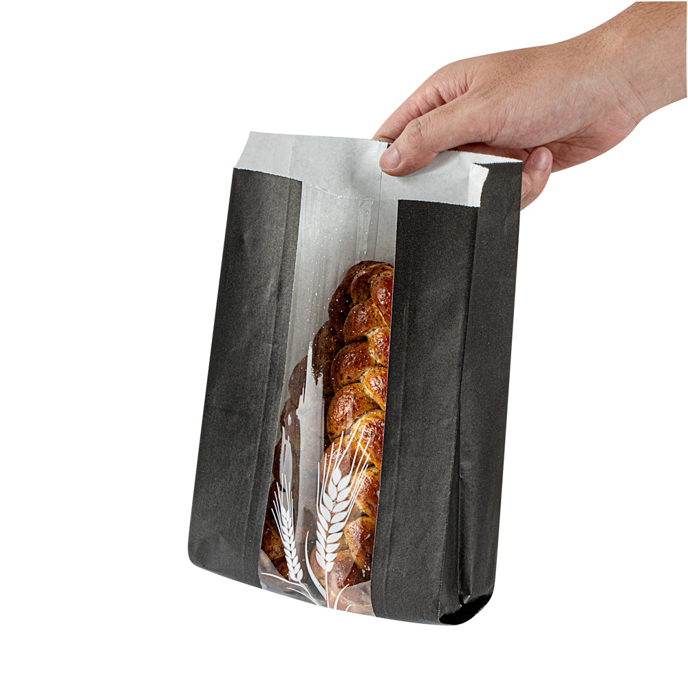 Bag Tek Black Paper Bread Bag - Micro-Perforated, Greaseproof, Wheat Pattern - 6" x 2 3/4" x 10" - 100 count box
