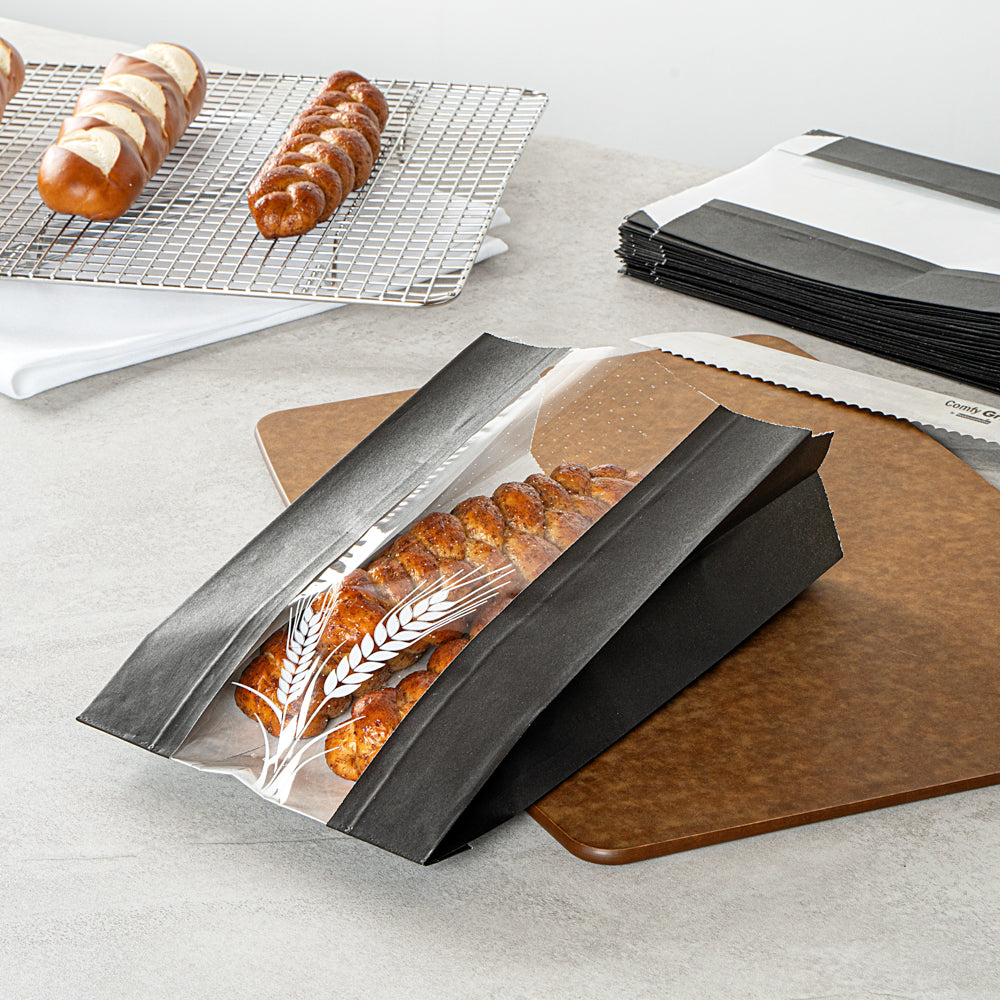 Bag Tek Black Paper Bread Bag - Micro-Perforated, Greaseproof, Wheat Pattern - 6" x 2 3/4" x 10" - 100 count box