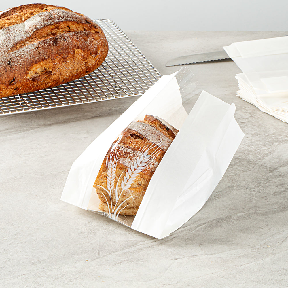 Bag Tek White Paper Bread Bag - Micro-Perforated, Greaseproof, Wheat Pattern - 6" x 2 3/4" x 10" - 100 count box