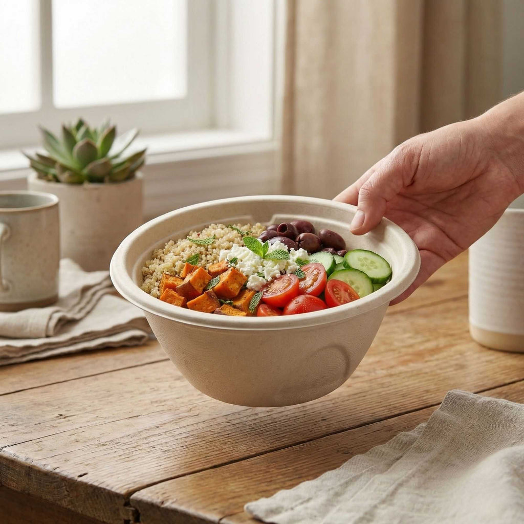 Pulp Tek 32 oz Round Natural Sugarcane / Bagasse Salad Bowl - 7" x 7" x 2 3/4" - 100 count box