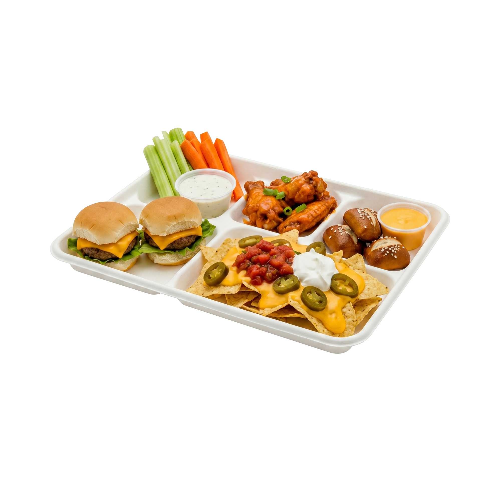 Pulp Tek Rectangle White Sugarcane / Bagasse Food Tray - 5 Compartments - 10 1/2" x 8 1/2" x 1" - 100 count box
