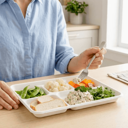 Pulp Tek Rectangle White Sugarcane / Bagasse Food Tray - 5 Compartments - 10 1/2" x 8 1/2" x 1" - 100 count box