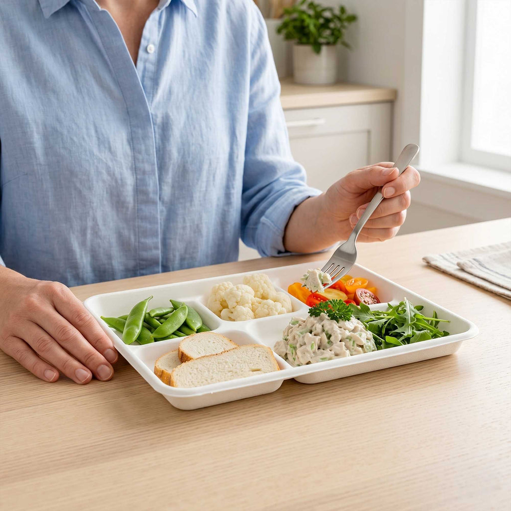 Pulp Tek Rectangle White Sugarcane / Bagasse Food Tray - 5 Compartments - 10 1/2" x 8 1/2" x 1" - 100 count box