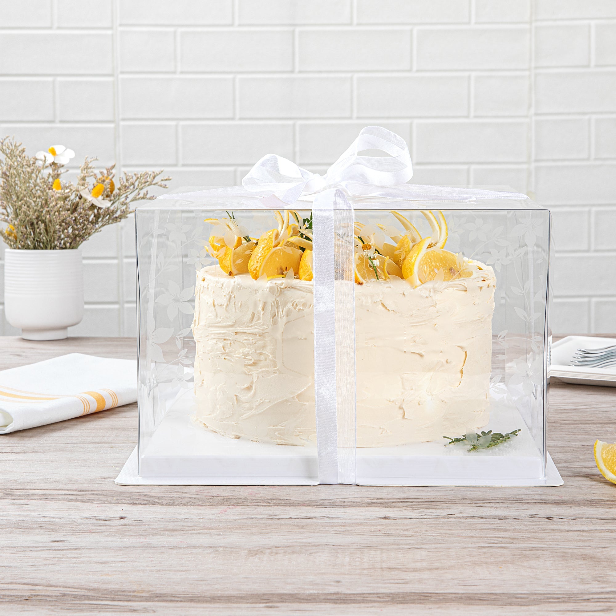 Sweet Vision Square Clear Plastic Cake Box - White Base, Gray Ribbon, Flower Garden Design - 10" x 10" x 6 3/4" - 10 count box