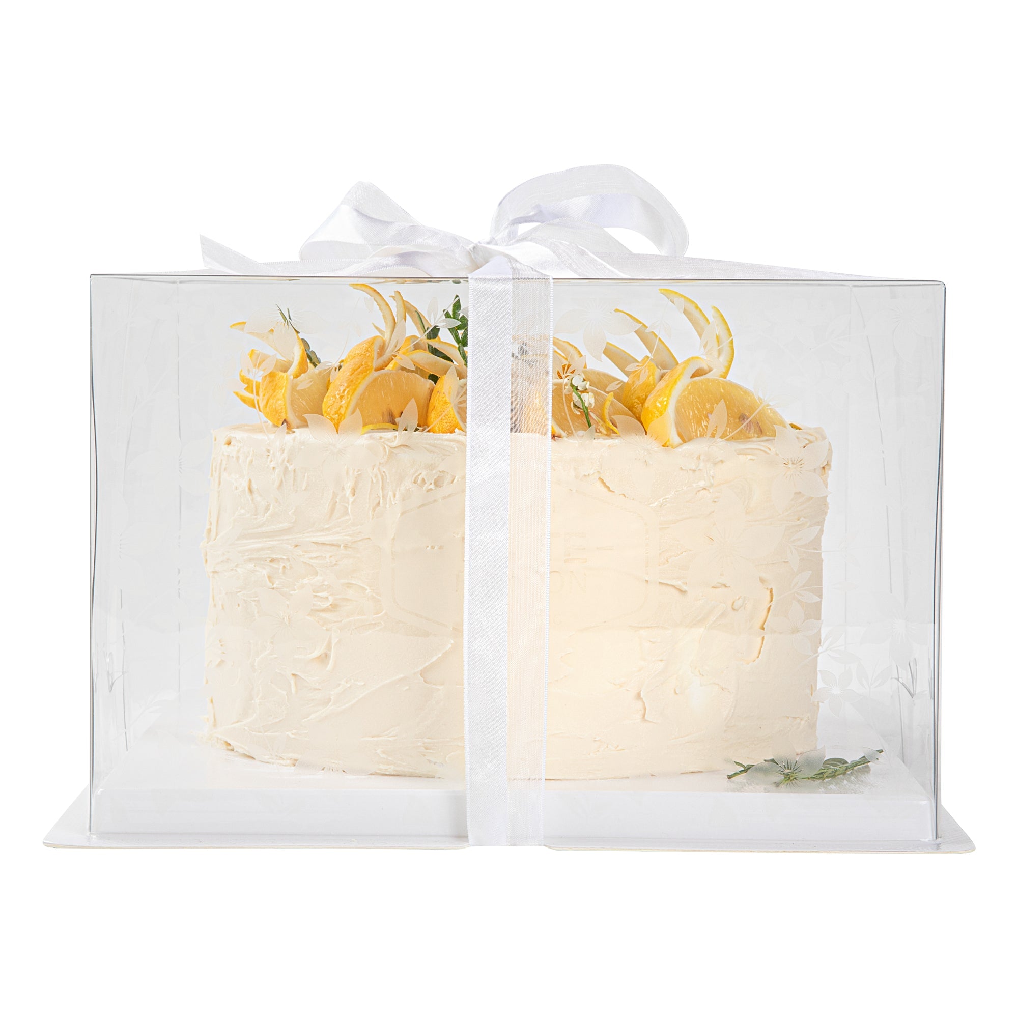 Sweet Vision Square Clear Plastic Cake Box - White Base, Gray Ribbon, Flower Garden Design - 10" x 10" x 6 3/4" - 10 count box