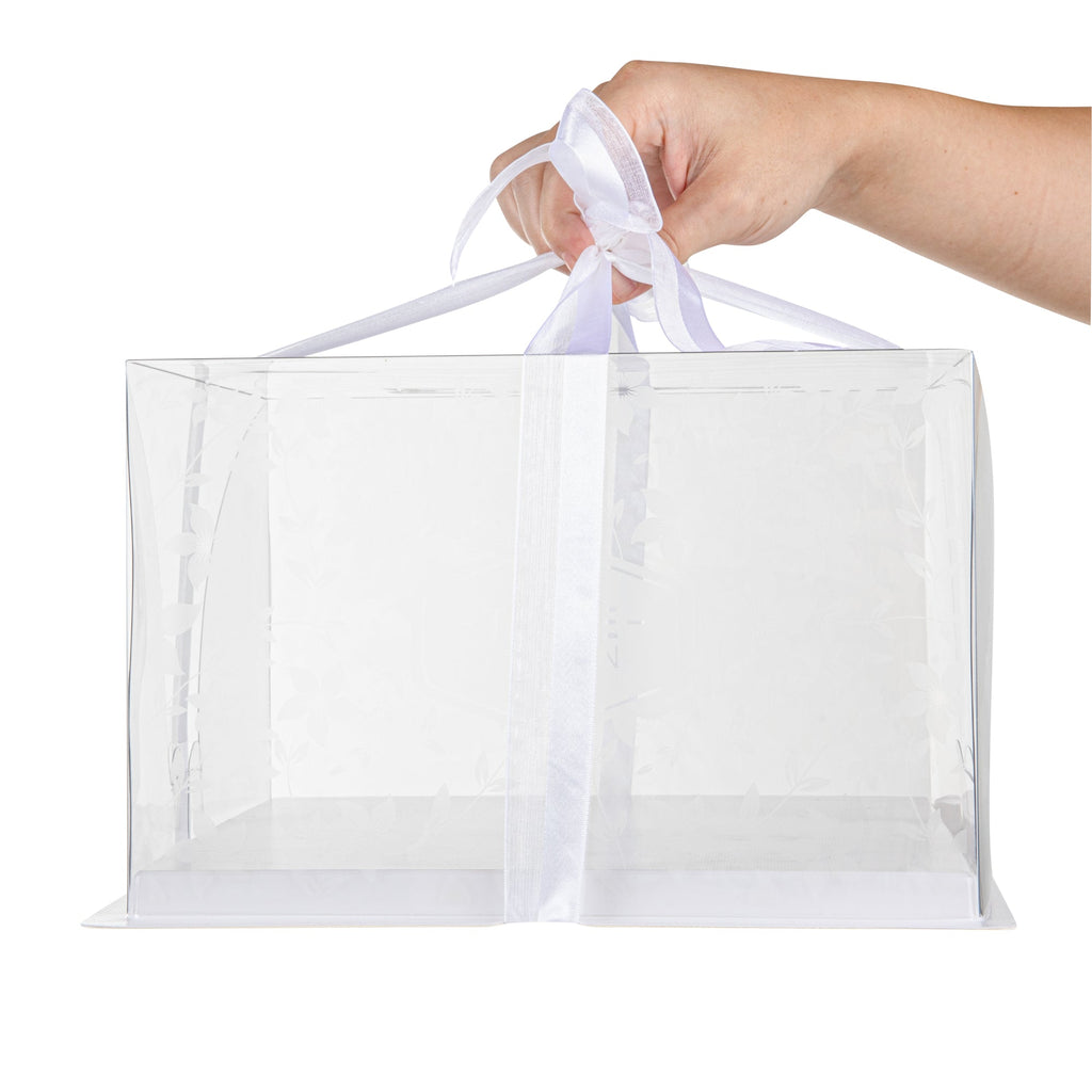 Sweet Vision Square Clear Plastic Cake Box - White Base, Gray Ribbon, Flower Garden Design - 10" x 10" x 6 3/4" - 10 count box