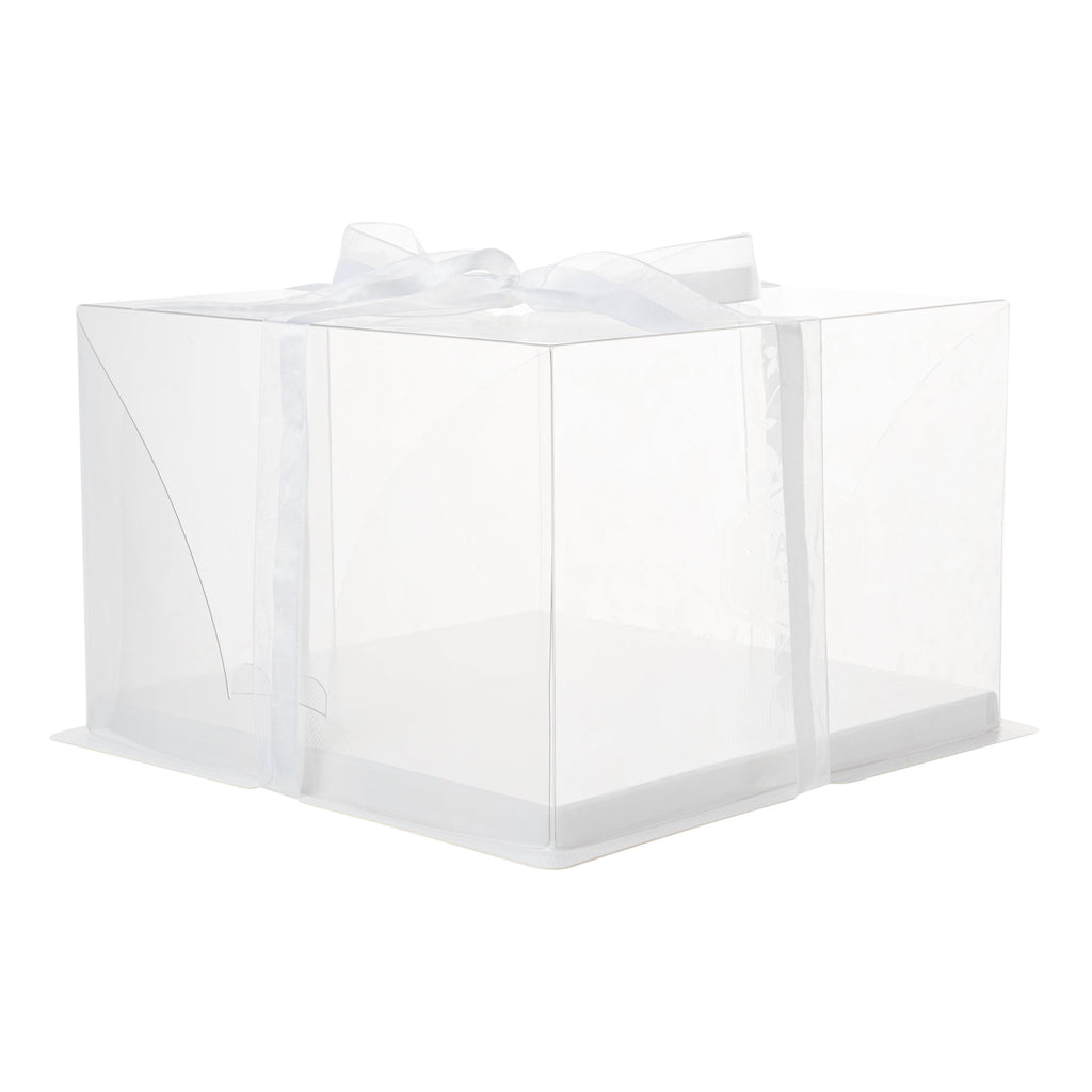 Sweet Vision Square Clear Plastic Cake Box - White Base, Gray Ribbon, Flower Garden Design - 10" x 10" x 6 3/4" - 10 count box