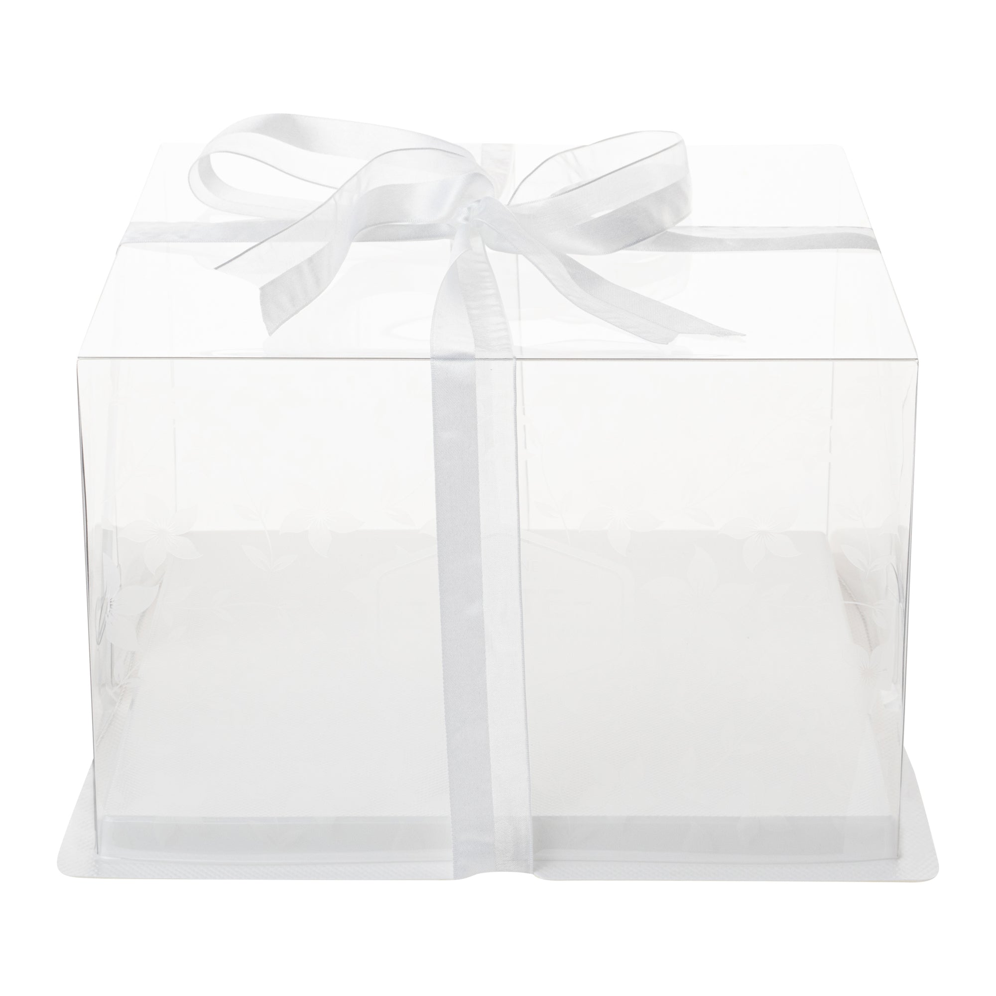 Sweet Vision Square Clear Plastic Cake Box - White Base, Gray Ribbon, Flower Garden Design - 10" x 10" x 6 3/4" - 10 count box
