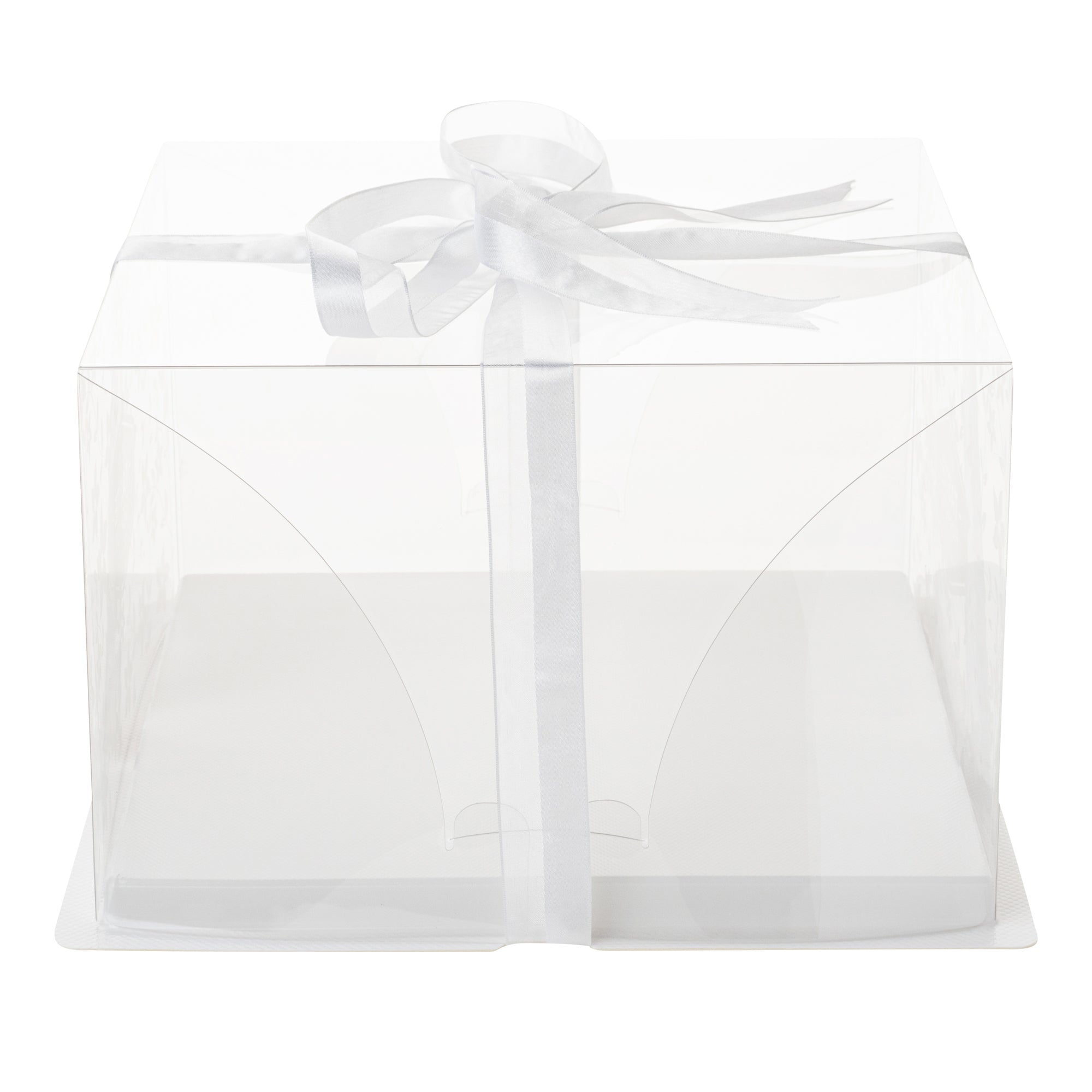 Sweet Vision Square Clear Plastic Cake Box - White Base, Gray Ribbon, Flower Garden Design - 10" x 10" x 6 3/4" - 10 count box