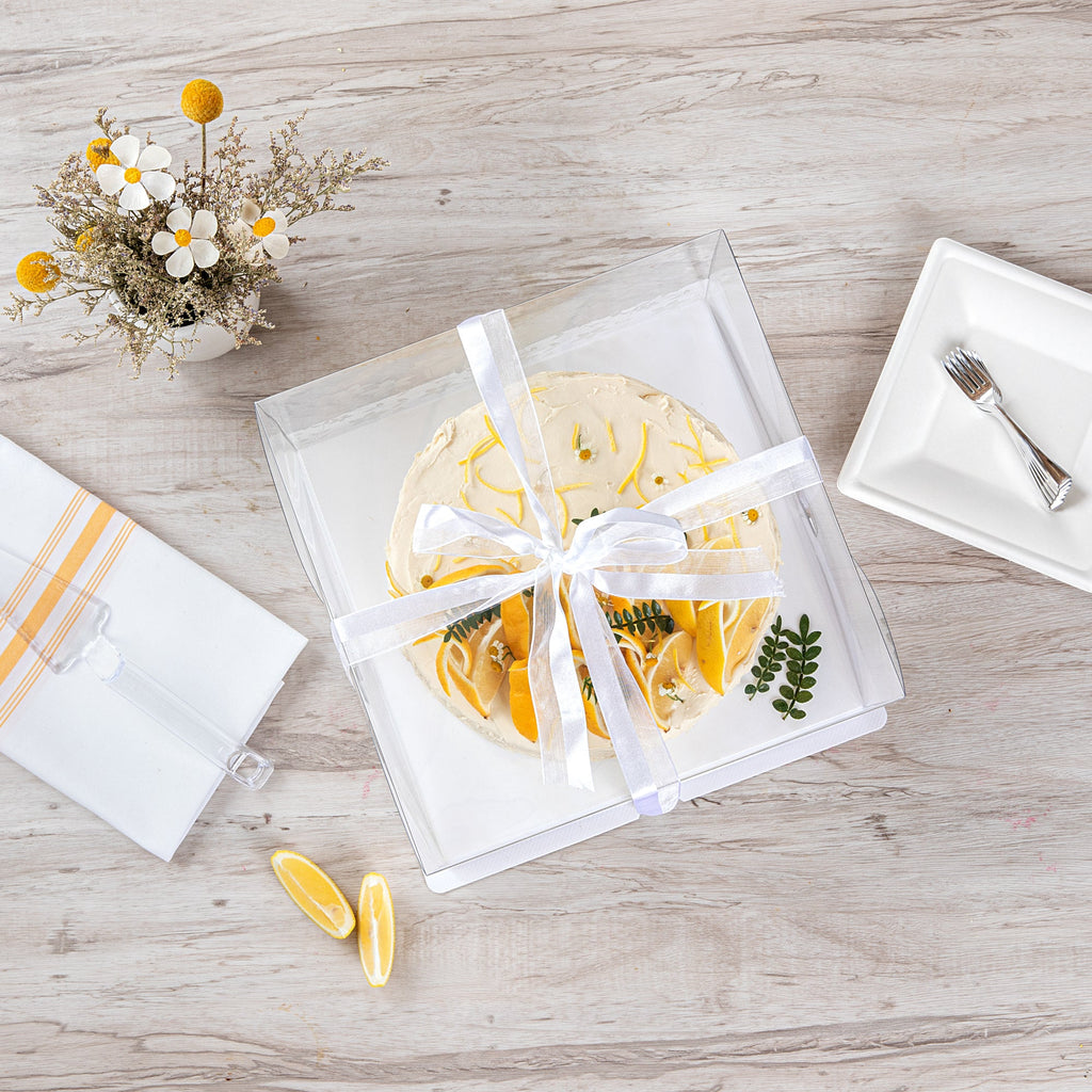 Sweet Vision Square Clear Plastic Cake Box - White Base, Gray Ribbon, Flower Garden Design - 10" x 10" x 6 3/4" - 10 count box