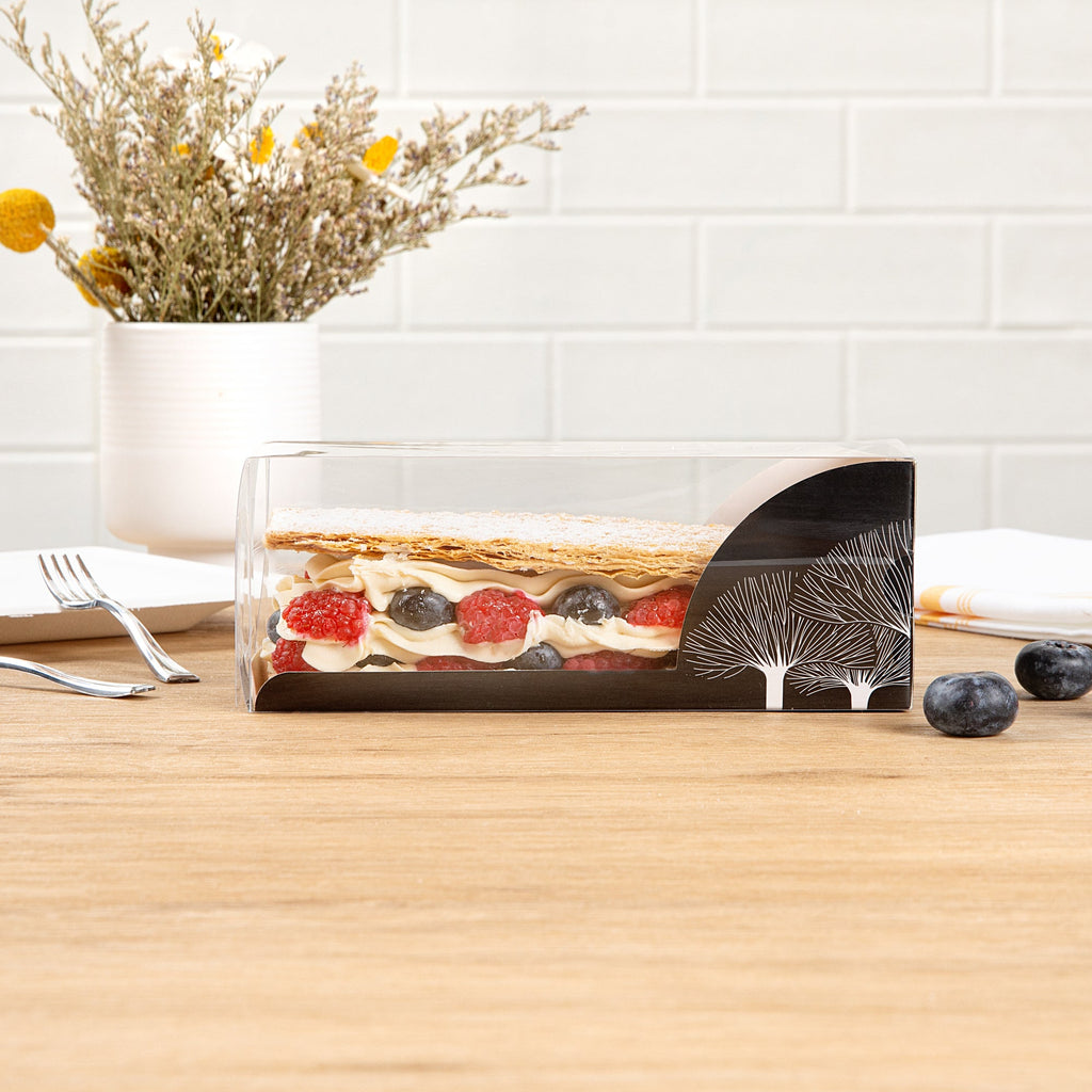 Sweet Vision Rectangle Clear Plastic Eclair Box - Black Paper Sleeve, Tree Accent - 7" x 2 1/2" x 2 1/2" - 100 count box