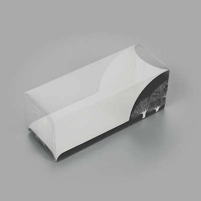 Sweet Vision Rectangle Clear Plastic Eclair Box - Black Paper Sleeve, Tree Accent - 7" x 2 1/2" x 2 1/2" - 100 count box