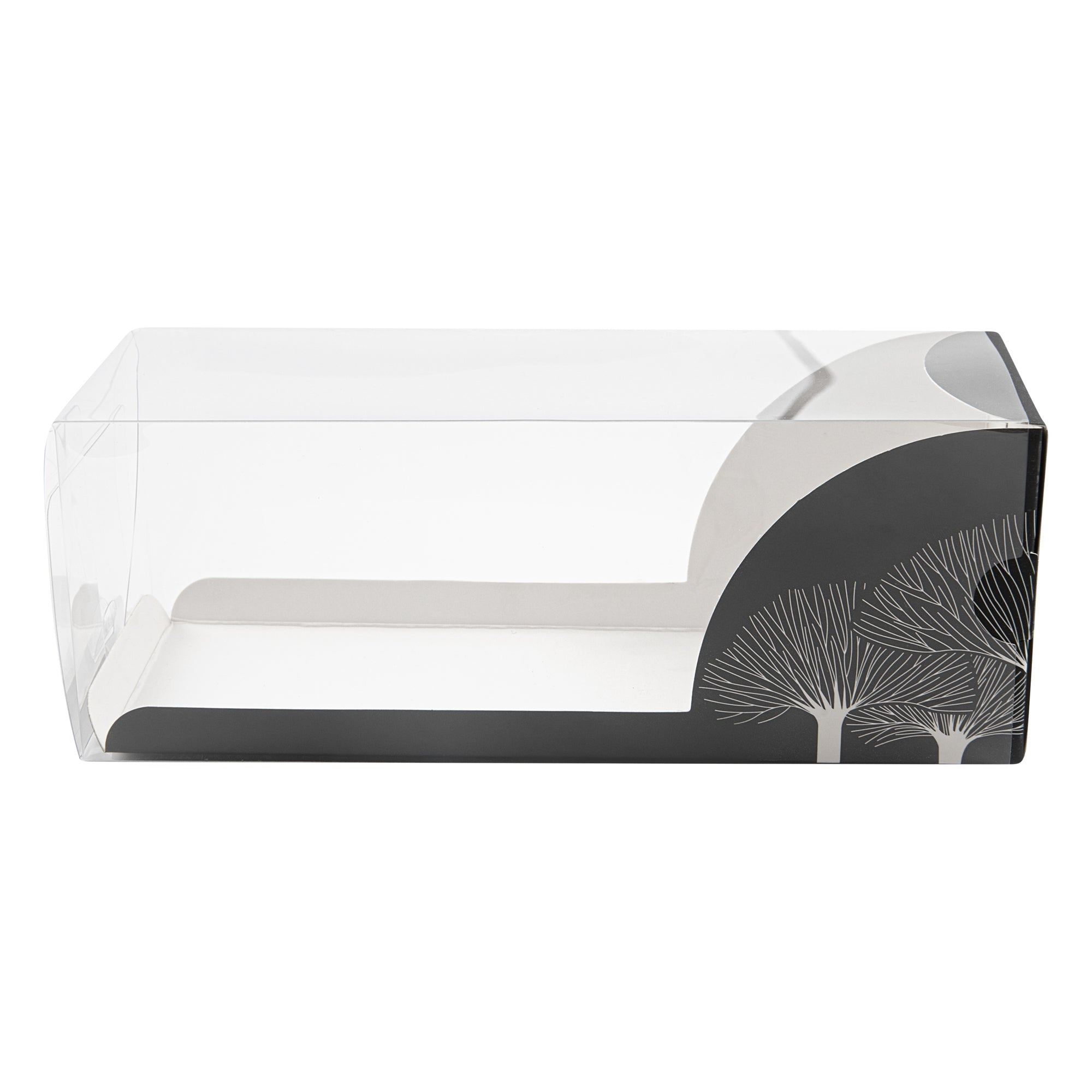 Sweet Vision Rectangle Clear Plastic Eclair Box - Black Paper Sleeve, Tree Accent - 7" x 2 1/2" x 2 1/2" - 100 count box
