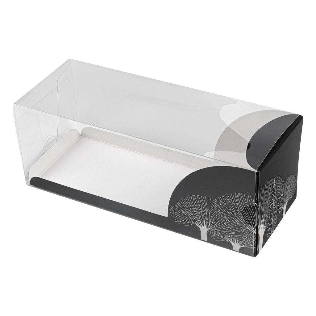 Sweet Vision Rectangle Clear Plastic Eclair Box - Black Paper Sleeve, Tree Accent - 7" x 2 1/2" x 2 1/2" - 100 count box