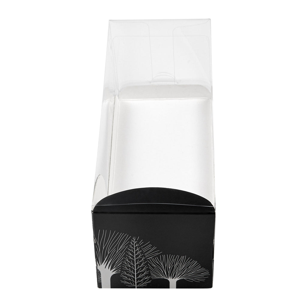 Sweet Vision Rectangle Clear Plastic Eclair Box - Black Paper Sleeve, Tree Accent - 7" x 2 1/2" x 2 1/2" - 100 count box