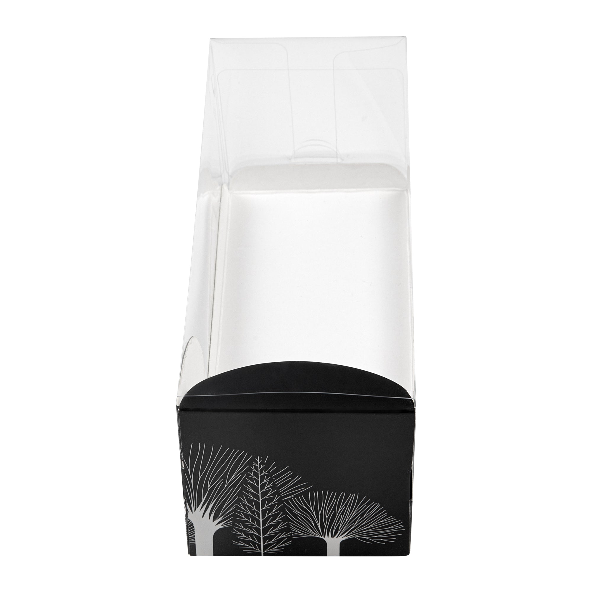 Sweet Vision Rectangle Clear Plastic Eclair Box - Black Paper Sleeve, Tree Accent - 7" x 2 1/2" x 2 1/2" - 100 count box