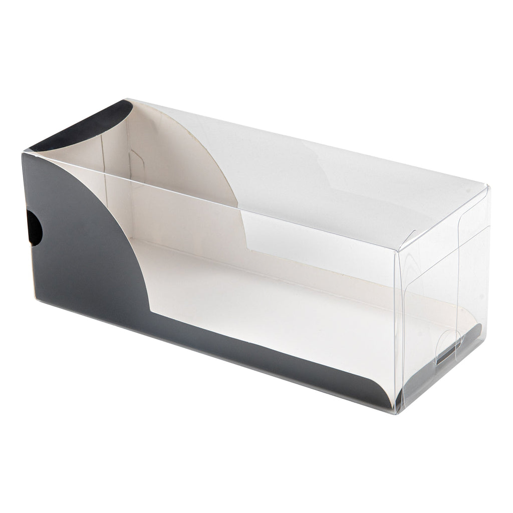 Sweet Vision Rectangle Clear Plastic Eclair Box - Black Paper Sleeve, Tree Accent - 7" x 2 1/2" x 2 1/2" - 100 count box