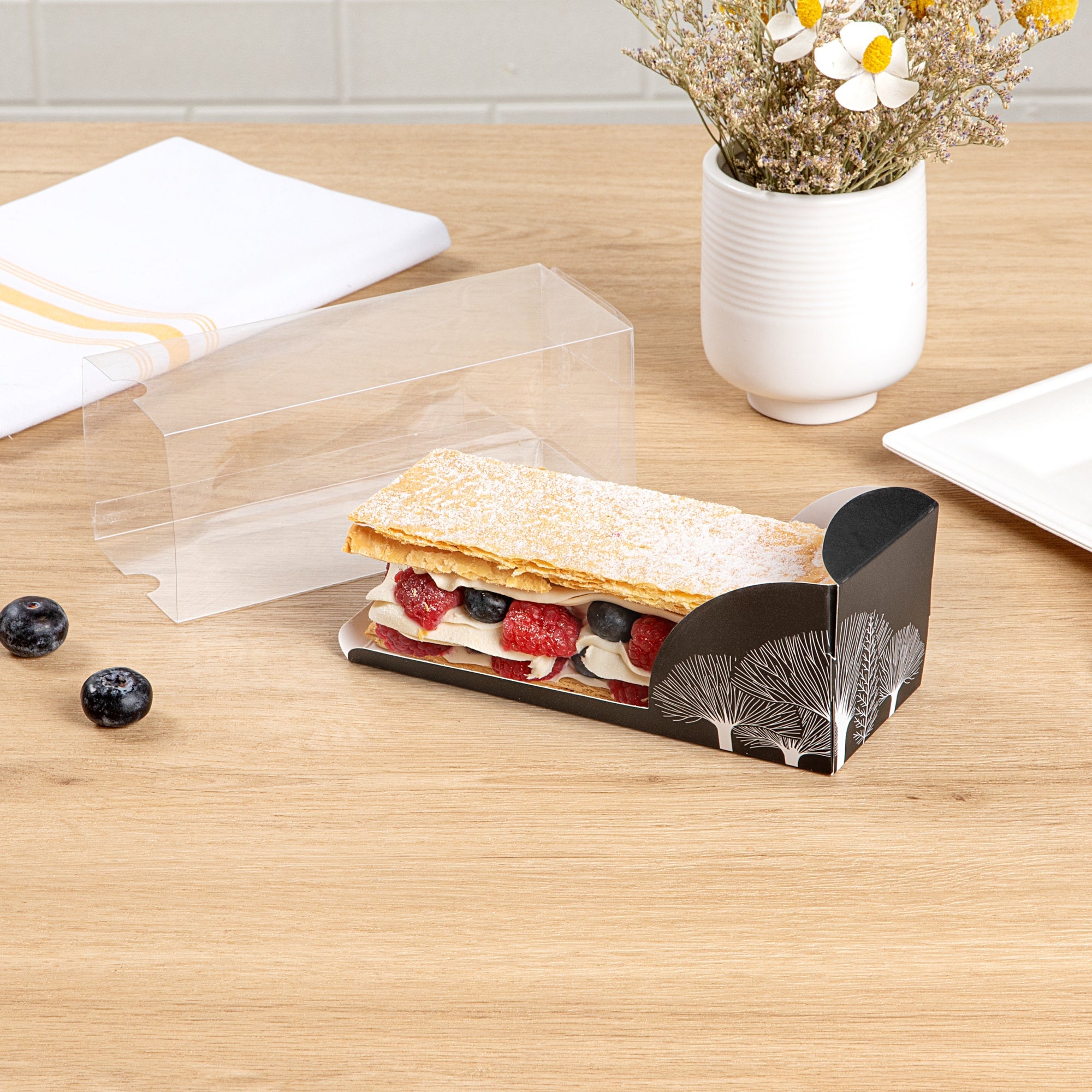 Sweet Vision Rectangle Clear Plastic Eclair Box - Black Paper Sleeve, Tree Accent - 7" x 2 1/2" x 2 1/2" - 100 count box