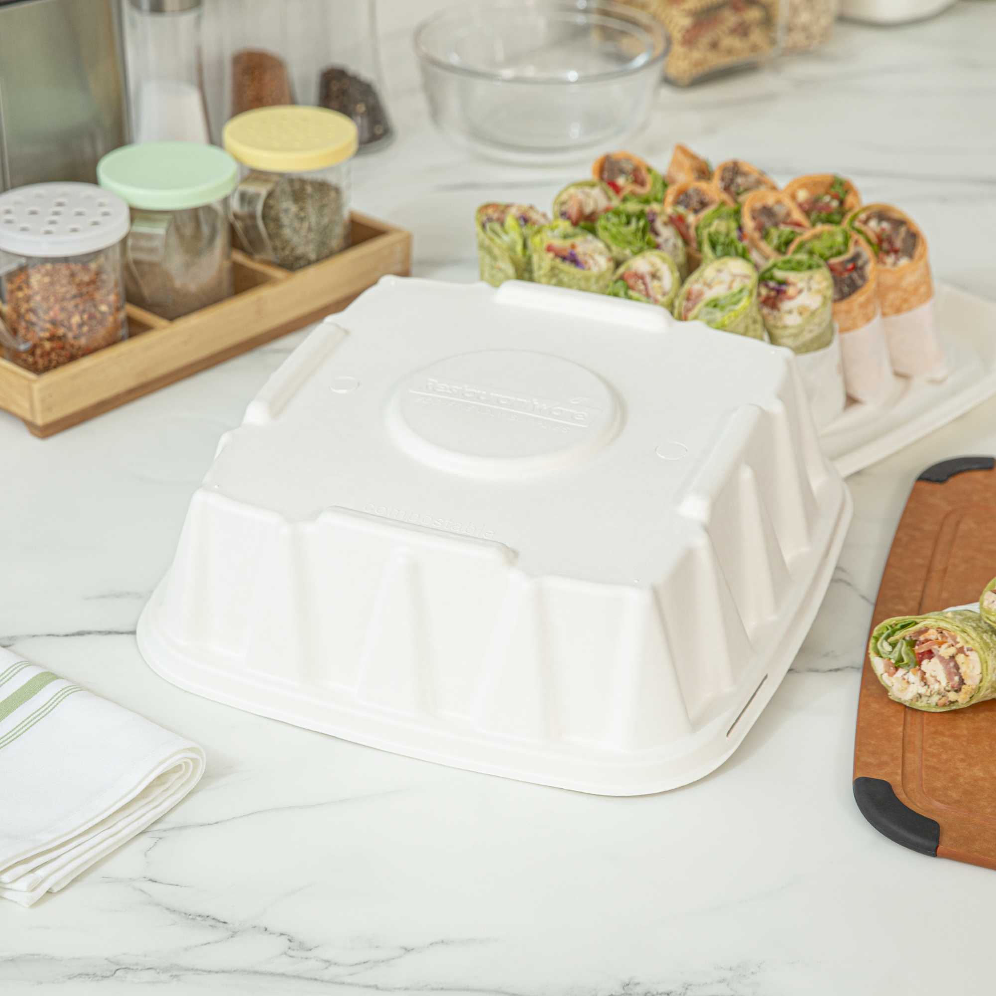 Pulp Safe No PFAS Added Square White Sugarcane/Bagasse Tray Lid - Home Compostable, Fits 12" - 100 count box