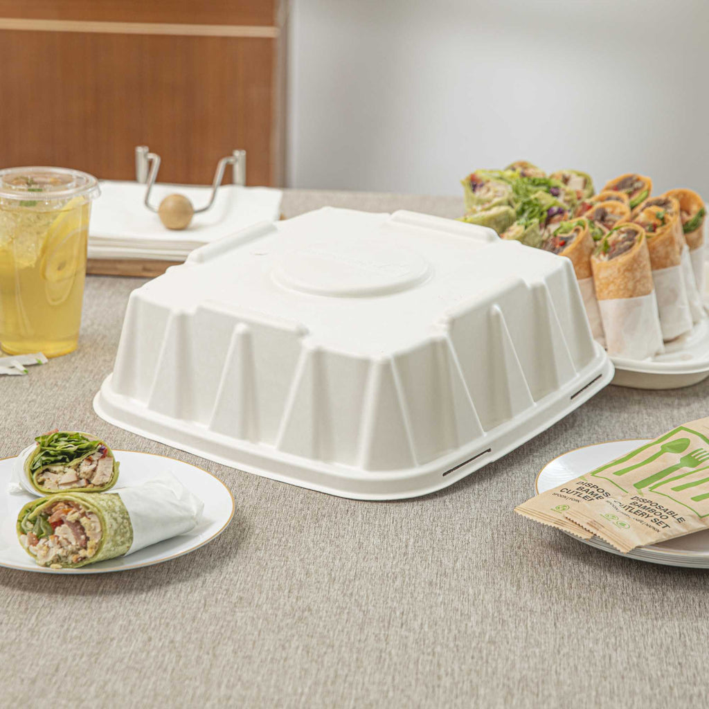 Pulp Safe No PFAS Added Square White Sugarcane/Bagasse Tray Lid - Home Compostable, Fits 12" - 100 count box