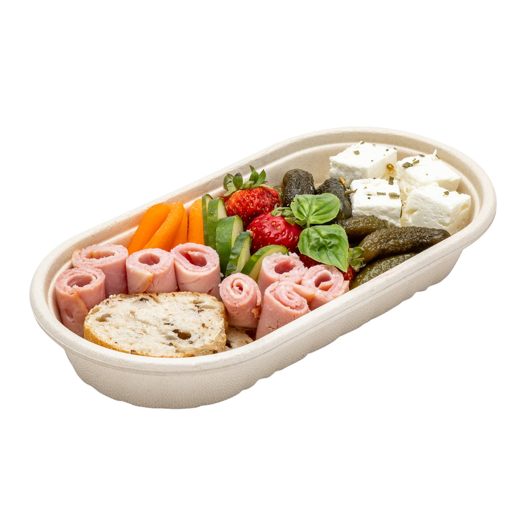 Pulp Tek 17 oz Oval Natural Sugarcane / Bagasse Take Out Container - 9 1/2" x 4 3/4" x 1 1/4" - 100 count box