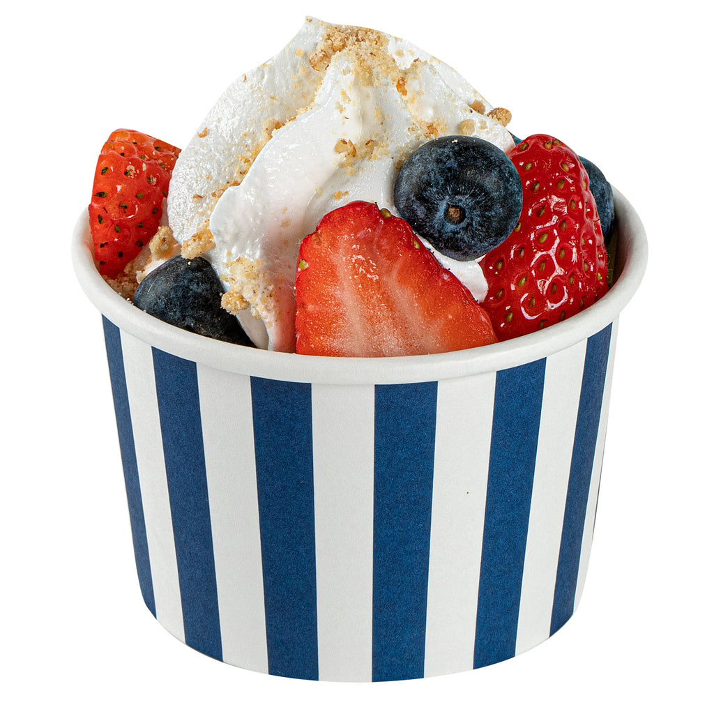 Coppetta 4 oz Round Blue and White Stripe Paper To Go Cup - 3" x 3" x 2 1/2" - 200 count box