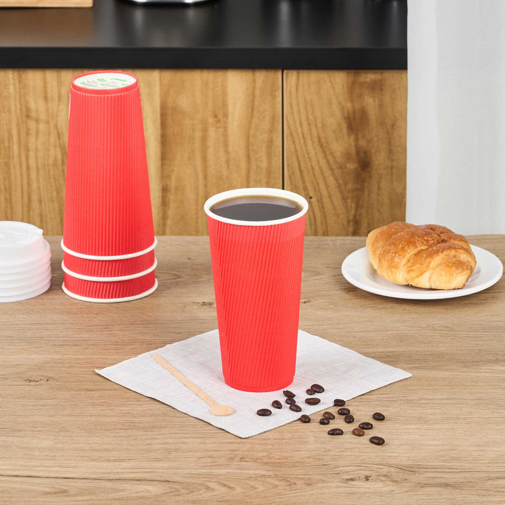 Restpresso 20 oz Red Paper Coffee Cup - Ripple Wall - 3 1/2" x 3 1/2" x 6 1/4" - 10 count box