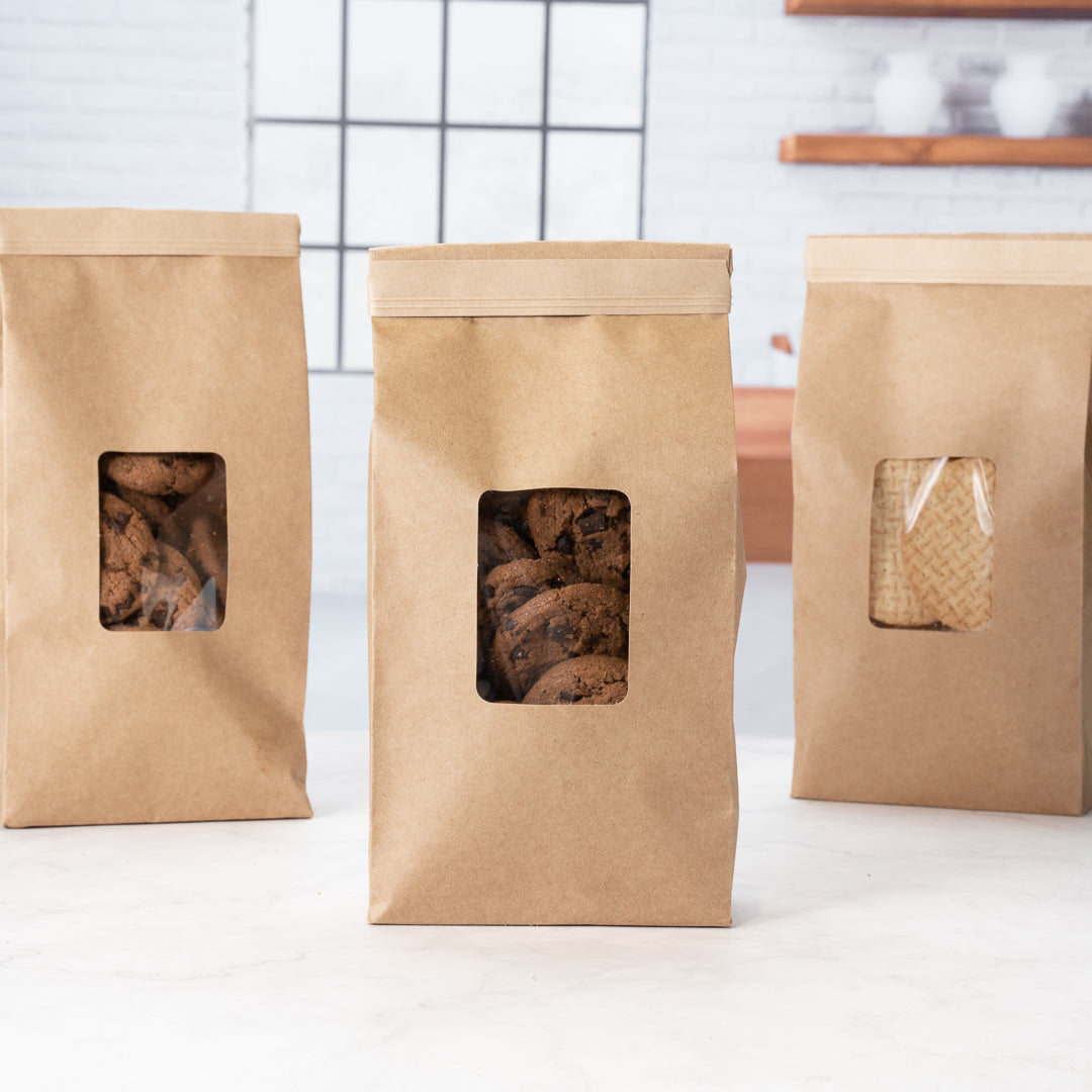 Bag Tek Kraft Paper Bakery / Coffee Tin Tie Bag - with Window - 4 3/4" x 2 1/2" x 9 3/4" - 100 count box
