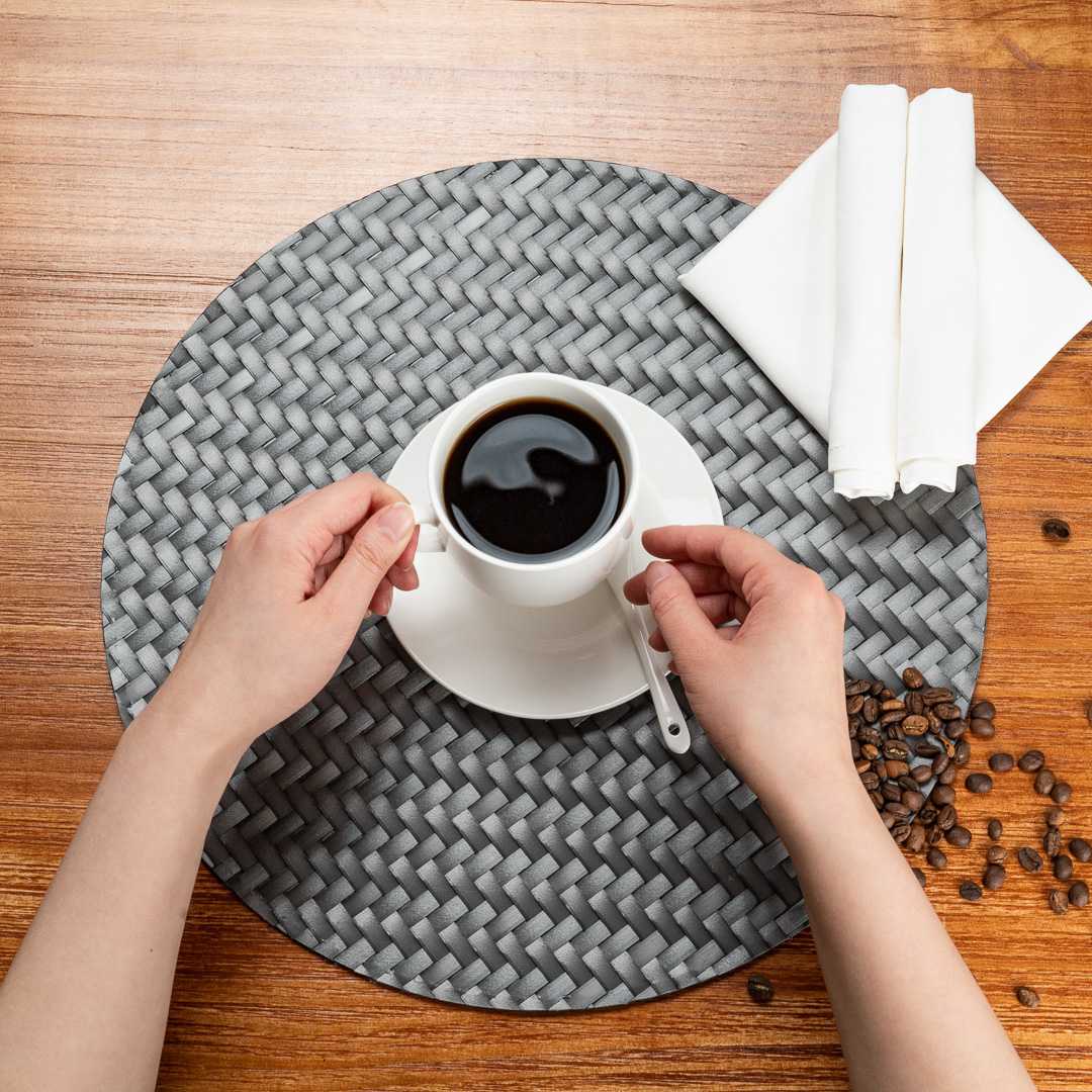 Amalfi Basketweave Woven Round Metallic Gray Pearl Placemat - 15" x 15" - 6 count box