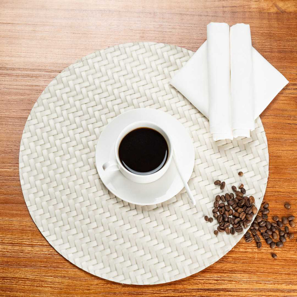 Amalfi Basketweave Woven Round White Pearl Placemat - 15" x 15" - 6 count box