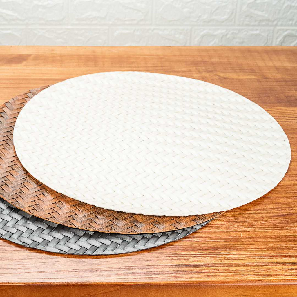 Amalfi Basketweave Woven Round White Pearl Placemat - 15" x 15" - 6 count box