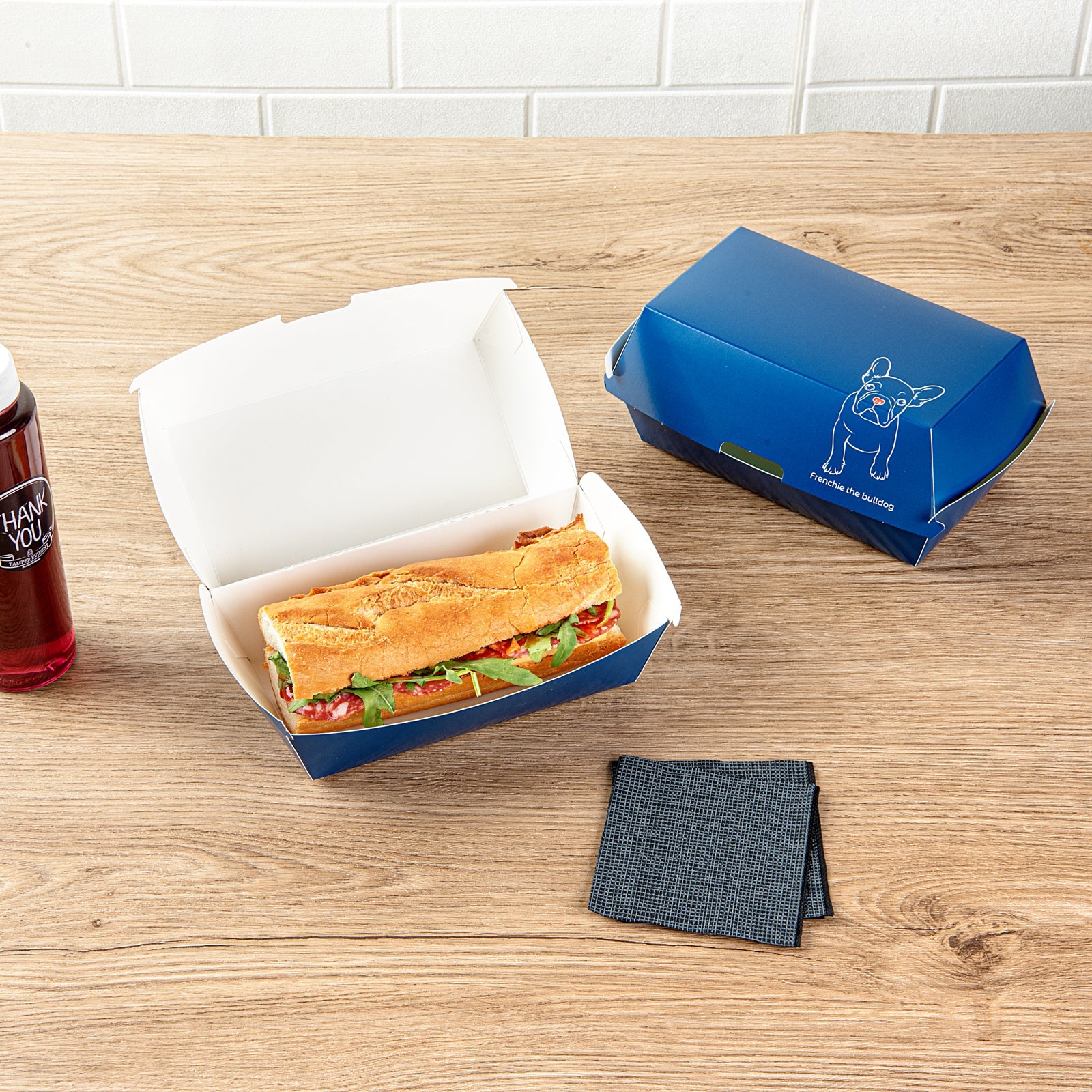 Bio Tek Rectangle Frenchie Paper Hot Dog / Sandwich Clamshell Container - 6 3/4" x 3 1/2" x 3 1/2" - 100 count box