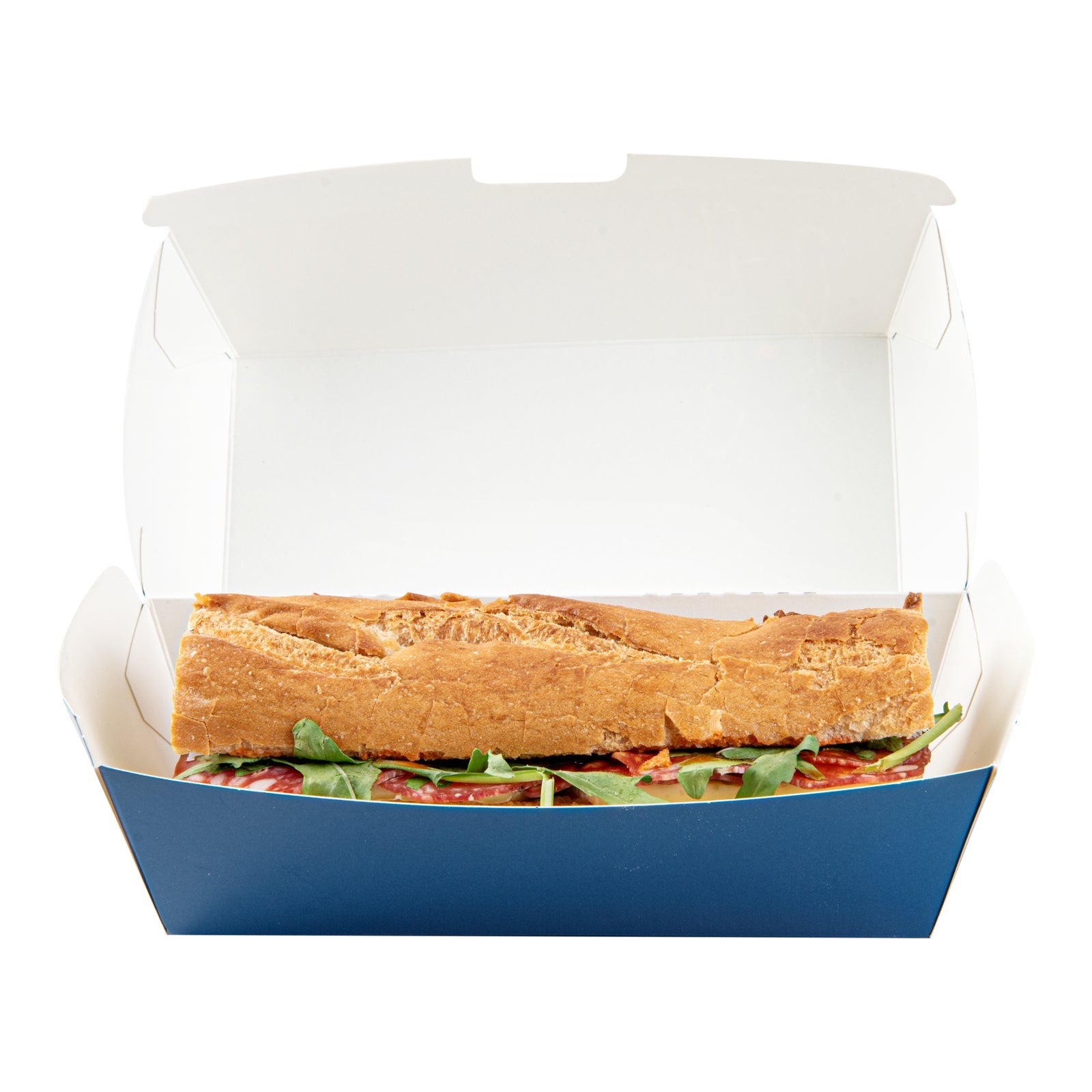 Bio Tek Rectangle Frenchie Paper Hot Dog / Sandwich Clamshell Container - 6 3/4" x 3 1/2" x 3 1/2" - 100 count box