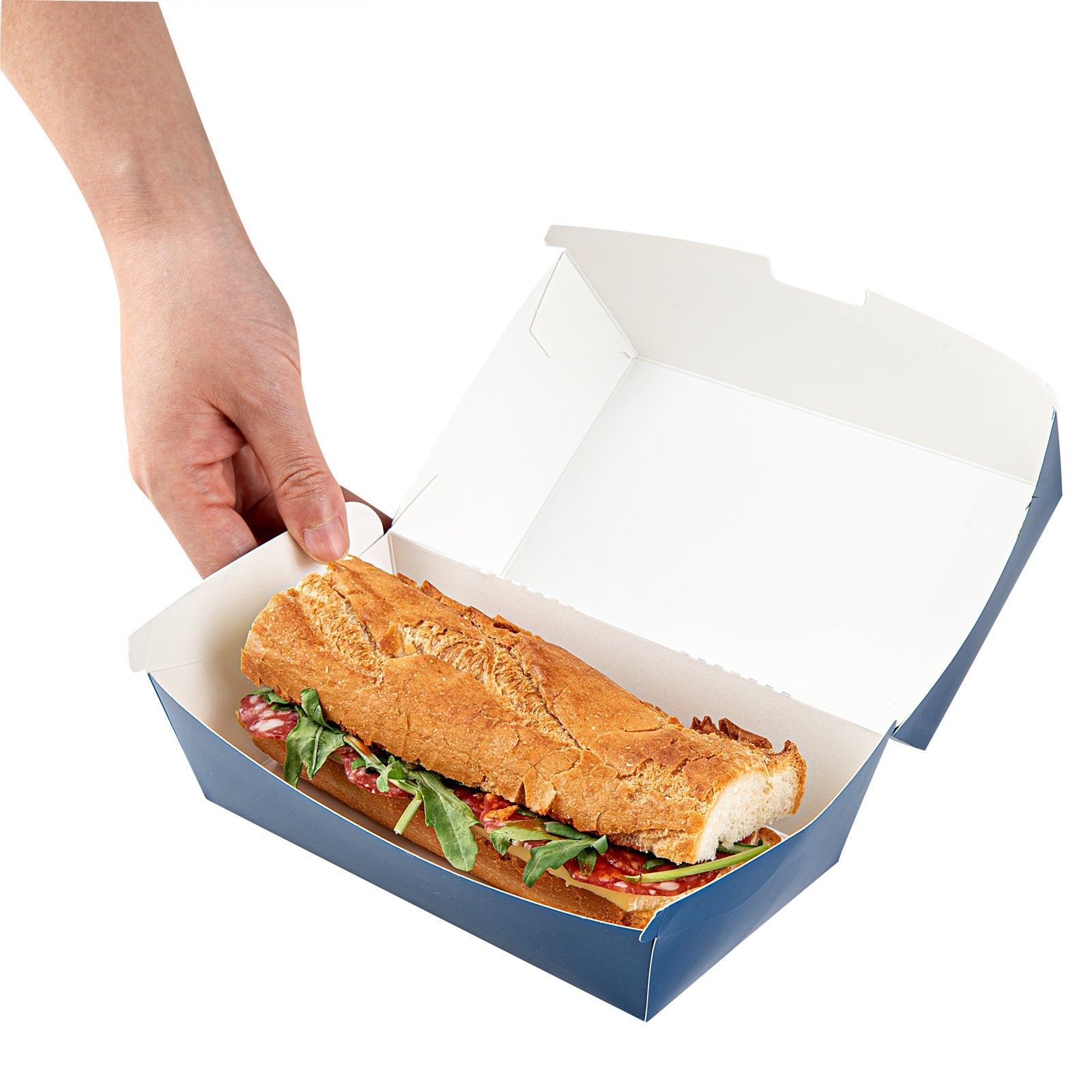 Bio Tek Rectangle Frenchie Paper Hot Dog / Sandwich Clamshell Container - 6 3/4" x 3 1/2" x 3 1/2" - 100 count box