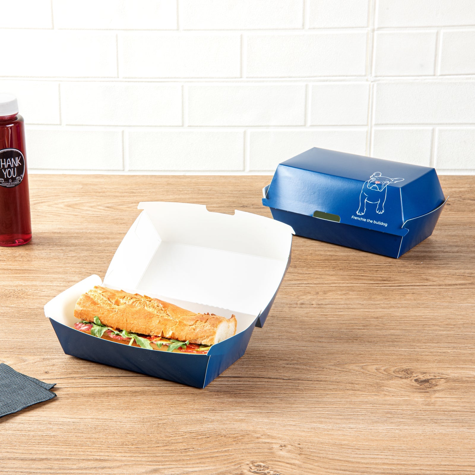 Bio Tek Rectangle Frenchie Paper Hot Dog / Sandwich Clamshell Container - 6 3/4" x 3 1/2" x 3 1/2" - 100 count box