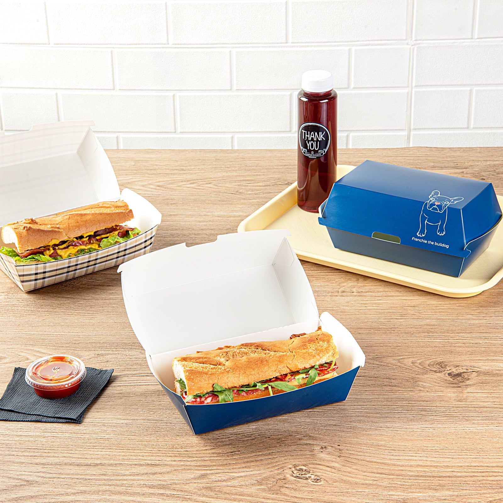 Bio Tek Rectangle Frenchie Paper Hot Dog / Sandwich Clamshell Container - 6 3/4" x 3 1/2" x 3 1/2" - 100 count box