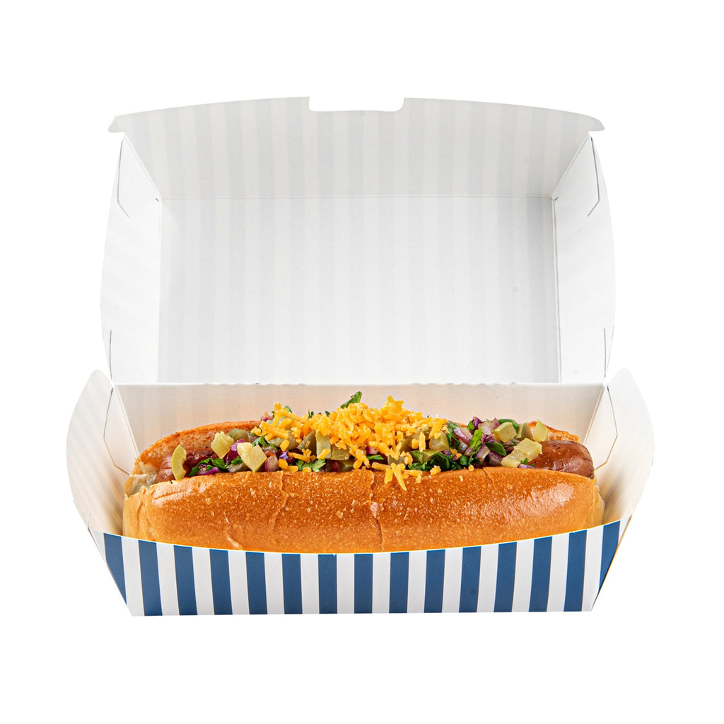 Bio Tek Rectangle Blue and White Stripe Paper Hot Dog / Sandwich Clamshell Container - 6 3/4" x 3 1/2" x 3 1/2" - 100 count box