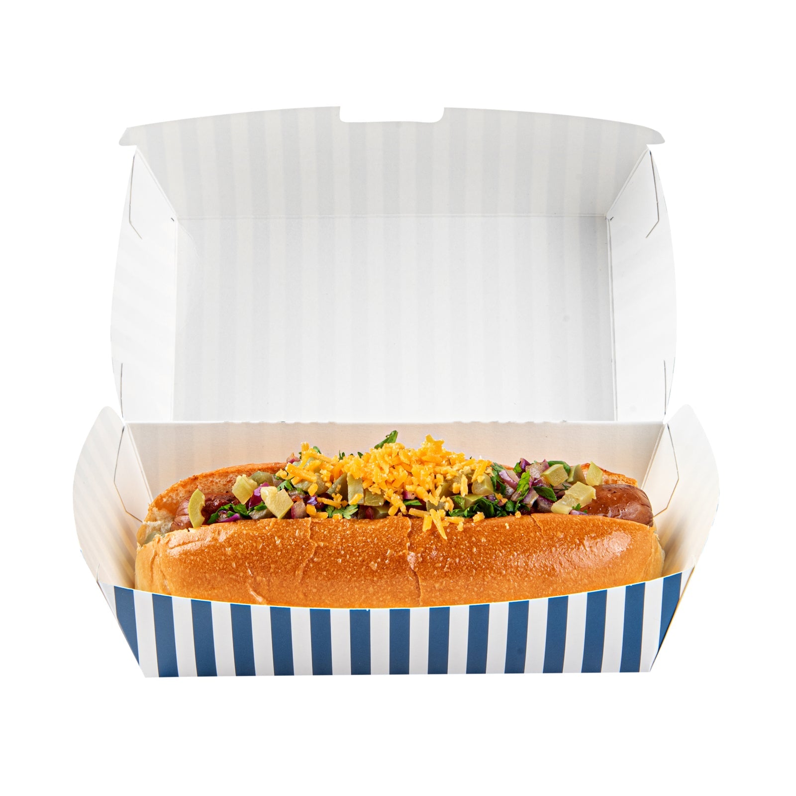 Bio Tek Rectangle Blue and White Stripe Paper Hot Dog / Sandwich Clamshell Container - 6 3/4" x 3 1/2" x 3 1/2" - 100 count box