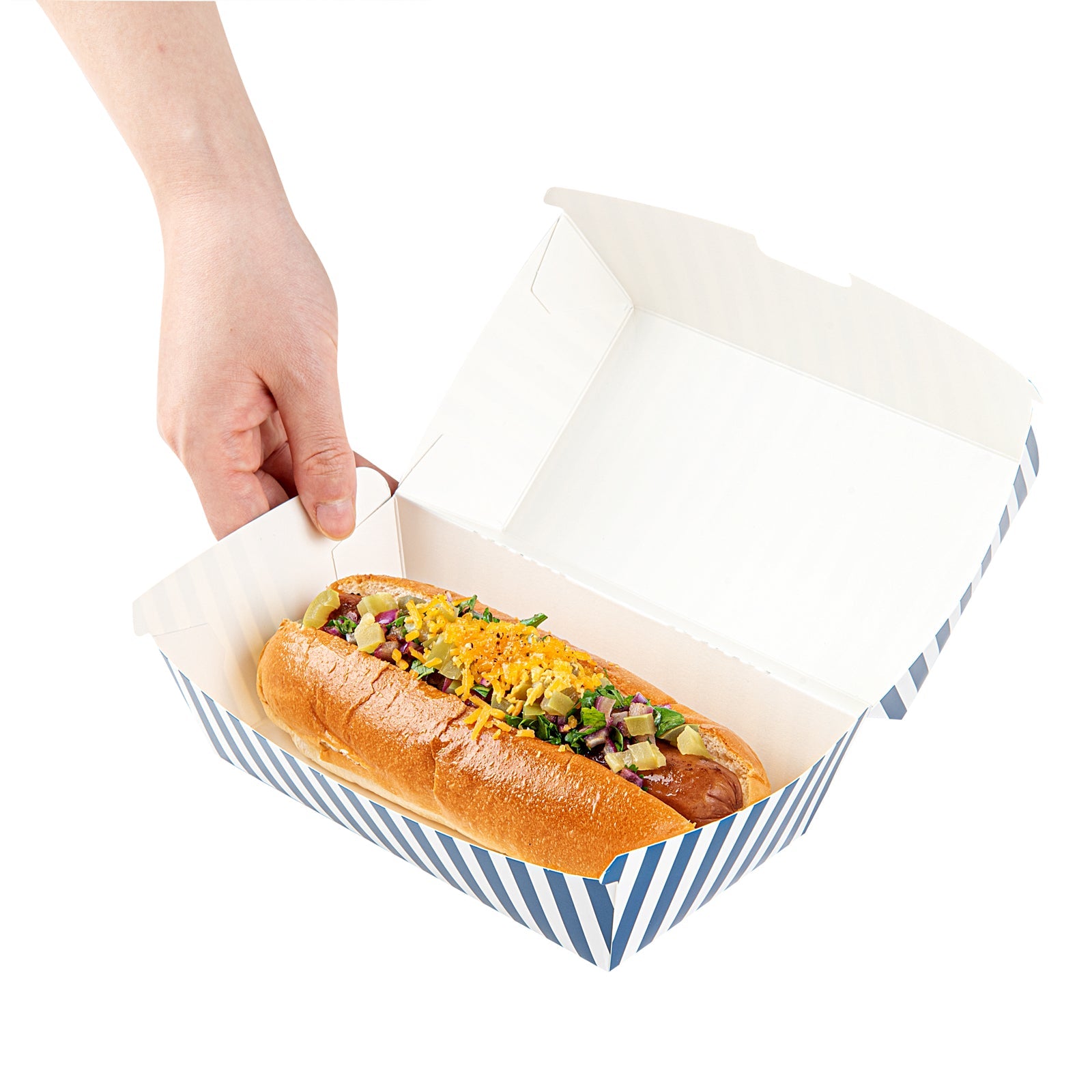 Bio Tek Rectangle Blue and White Stripe Paper Hot Dog / Sandwich Clamshell Container - 6 3/4" x 3 1/2" x 3 1/2" - 100 count box