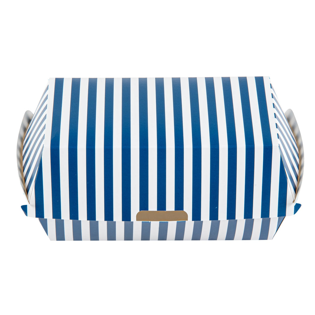 Bio Tek Rectangle Blue and White Stripe Paper Hot Dog / Sandwich Clamshell Container - 6 3/4" x 3 1/2" x 3 1/2" - 100 count box