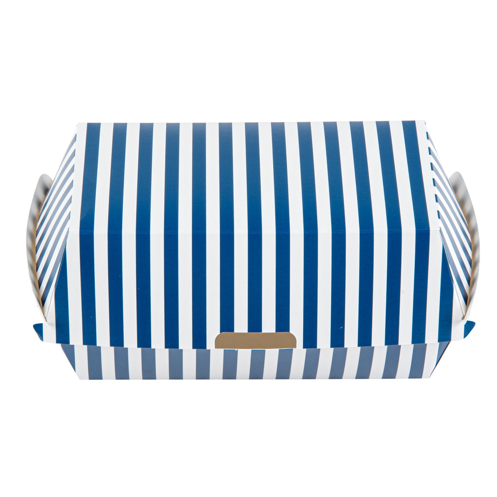 Bio Tek Rectangle Blue and White Stripe Paper Hot Dog / Sandwich Clamshell Container - 6 3/4" x 3 1/2" x 3 1/2" - 100 count box
