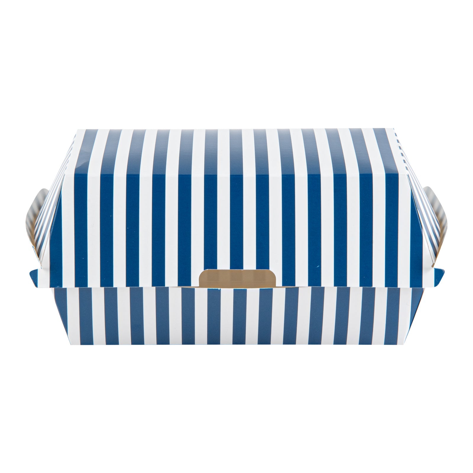 Bio Tek Rectangle Blue and White Stripe Paper Hot Dog / Sandwich Clamshell Container - 6 3/4" x 3 1/2" x 3 1/2" - 100 count box