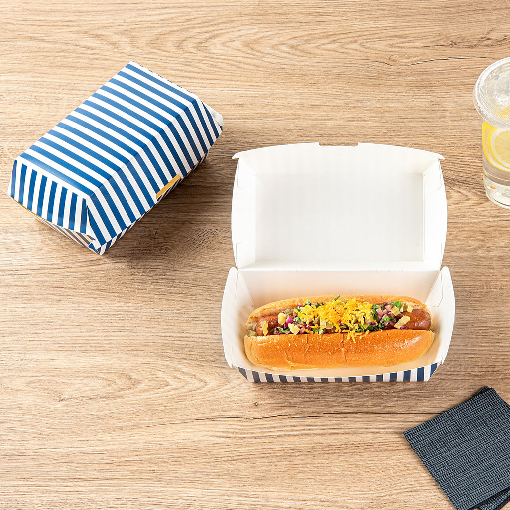 Bio Tek Rectangle Blue and White Stripe Paper Hot Dog / Sandwich Clamshell Container - 6 3/4" x 3 1/2" x 3 1/2" - 100 count box
