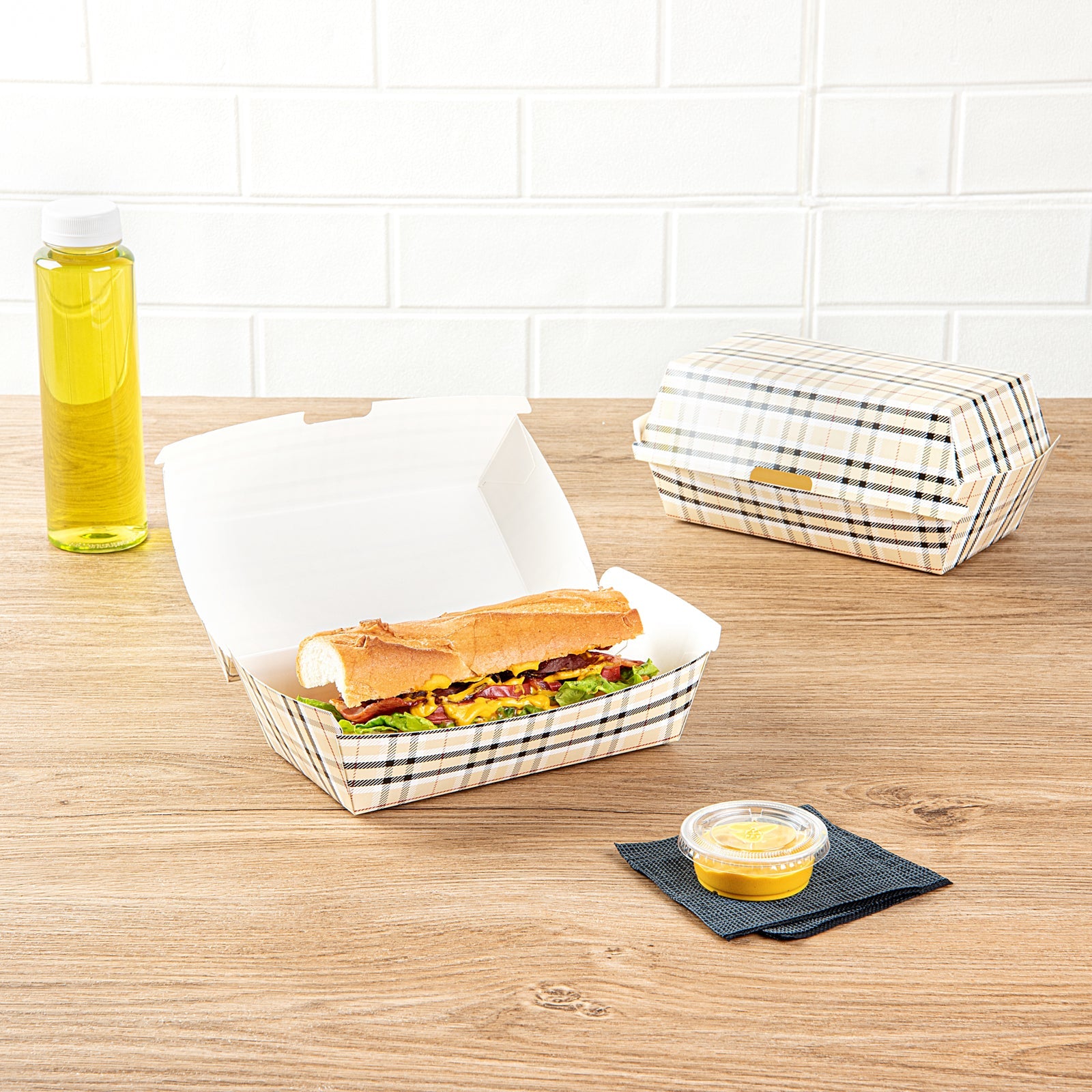 Bio Tek Rectangle Plaid Paper Hot Dog / Sandwich Clamshell Container - 6 3/4" x 3 1/2" x 3 1/2" - 100 count box